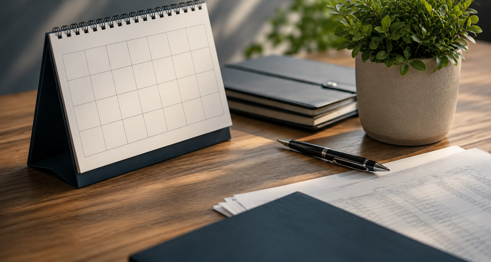 Tax calendar planning workspace with blank monthly calendar financial documents planner and office desk for tax planning and wealth management