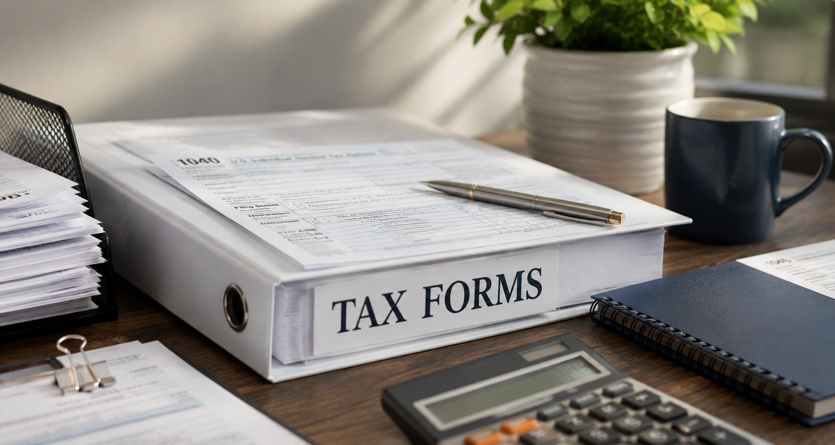 Tax forms and financial documents organized on a desk for tax preparation and financial planning services