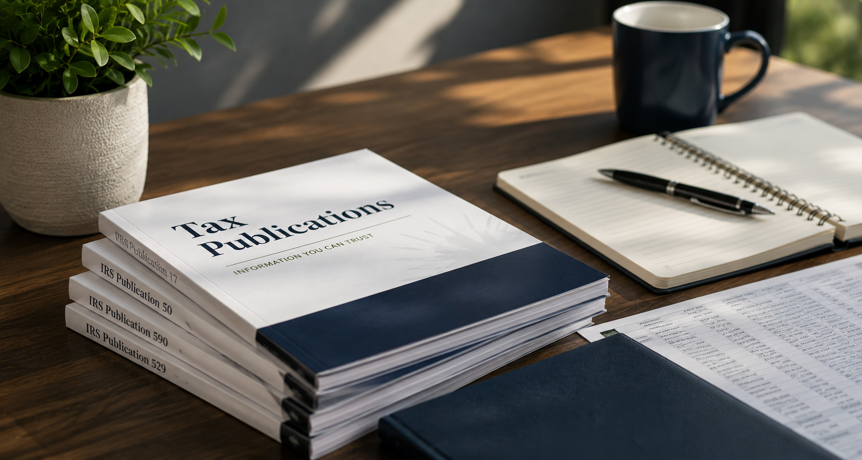 Tax publications financial reference guides and planning documents organized on a professional office desk for tax planning wealth management and financial education resources